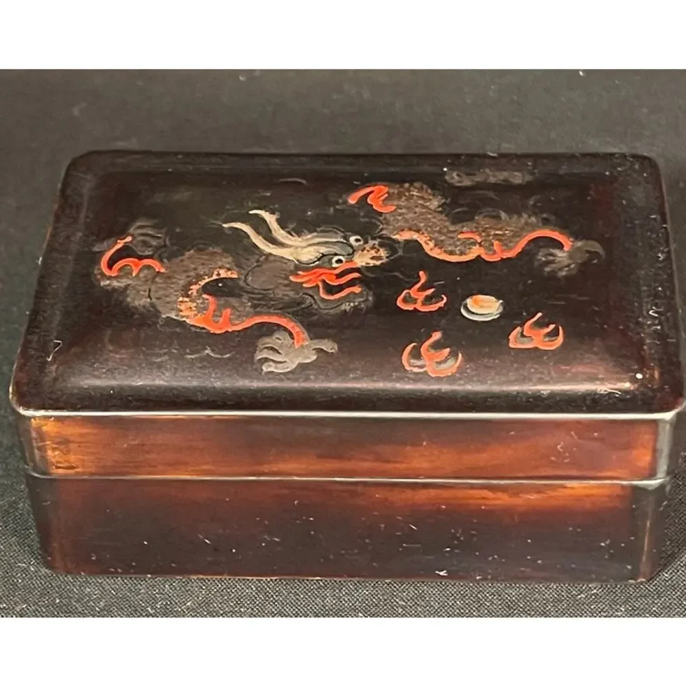Vintage Japanese Lacquer Dragon Trinket Box | Black & Red Hand Painted Box